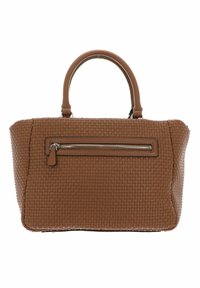 Borsa a mano intrecciata marrone con due manici, dotata di una tasca con zip frontale e una forma strutturata. Superficie texturizzata, dettagli in pelle liscia.