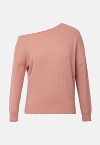 Pull rose à épaules dénudées en maille texturée, avec des manches longues et un ourlet côtelé.