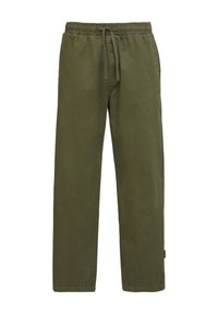 Groene katoenbroeken met een elastische tailleband, verstelbare trekkoord, rechte pijpen en zonder zichtbare zakken of patronen.