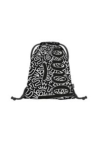 Zaino a cordoncino realizzato in tessuto con uno sfondo nero e intricati motivi astratti bianchi. Presenta cordini neri per la chiusura.