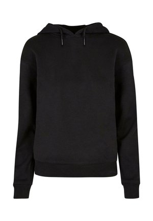 Schwarzer Kapuzenpullover aus weichem Stoff, mit gerippten Bündchen und Saum, klassischer Passform und verstellbaren Kordeln an der Kapuze.