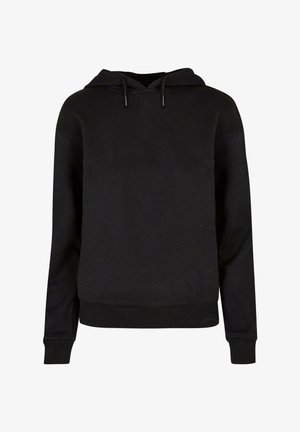 Fekete kapucnis pulóver, puha anyagból készült, bordázott mandzsettákkal és aljjal rendelkezik, klasszikus szabással és állítható zsinórokkal a kapucnin.