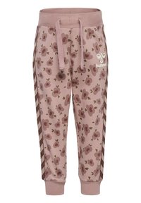 Roze joggingsbroek met een bloempatroon in donkerder roze en groen. Voorzien van een tailleband met trekkoord en gestreepte zijaccenten. Logo aan de voorkant.