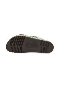 Groene en witte gestreepte sandalen met een bruine rubberen zool, voorzien van horizontale groeven voor grip en een logo aan de onderkant.