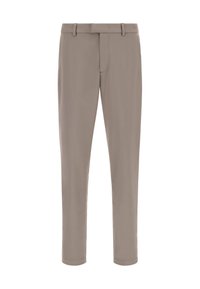 Pantaloni beige su misura a gamba dritta, realizzati in un tessuto leggero e liscio. Presentano passanti per cintura e chiusura con zip frontale.