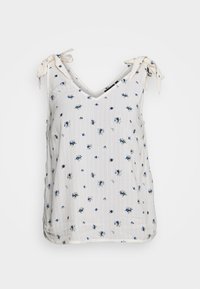 Blusa branca sem mangas com decote em V, apresentando pequenos padrões florais azuis, finas alças nos ombros e um tecido texturizado com riscas verticais.