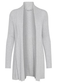 Cardigan grigio a coste con apertura frontale e maniche lunghe. Realizzato in un materiale morbido, presenta un design testurizzato con linee verticali.