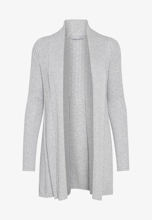 Siv ribe pleten kardigan z odprtim sprednjim delom in dolgimi rokavi. Narejen iz mehkega materiala, s teksturiranim dizajnom in vertikalnimi črtami.