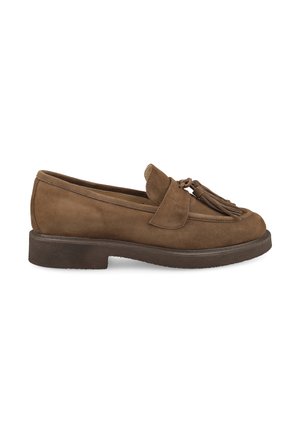 Brown suede loafer with tassels, low thick sole, and rounded toe, shown from outer side on white background.