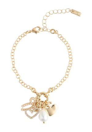 Gold chain bracelet with four charms: rhinestone-studded heart, bow, gold heart, and white pearl drop.