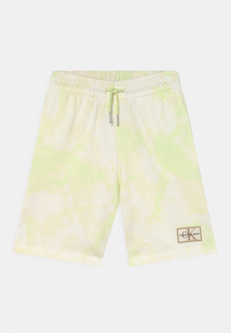Lichtgroene en crèmekleurige tie-dye shorts met een elastische tailleband, groene trekkoord en een klein Calvin Klein Jeans logo-patch op het linkerpijpje.