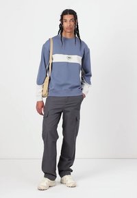 Sudadera azul con una franja horizontal blanca y un gráfico verde; combinada con pantalones cargo grises con bolsillos laterales; llevada con zapatillas.