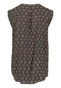 Donkere mouwloze blouse met een diamantpatroon in oranje, blauw en wit op een zwarte achtergrond; heeft een ronde halslijn en een losse pasvorm.