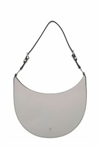Borsa a spalla in pelle grigia con una forma ad arco a mezzaluna, dotata di una tracolla nera e un sottile accento del logo. Texture liscia con cuciture sottili.