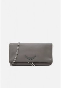Gray leather clutch handbag with a chain strap, featuring a wing emblem and a zip closure at the bottom. Smooth texture and sleek design.
