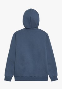 Plain blue hooded sweatshirt shown from the back with long sleeves and ribbed cuffs and hem on a white background.