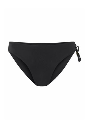 Czarne bikini o niskim stanie, wykonane z gładkiego materiału. Posiada boczne wiązanie z złotym akcentem, umożliwiające regulację.