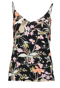 Czarna kamizelka w kwiaty, ozdobiona różnorodnymi pastelowymi kwiatami i liśćmi. Wykonana z lekkiego materiału, z cienkimi, regulowanymi ramiączkami.