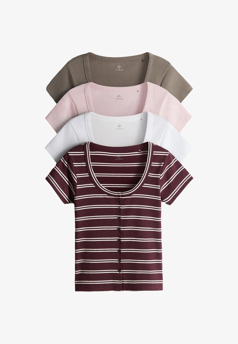 Four short-sleeve ribbed knit tops, one striped burgundy in front, followed by white, pink, and taupe solid colors stacked behind.