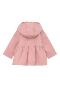 Vaaleanpunainen takki, jossa on huppu, kootut vyötärö ja pitkät hihat. Suora tekstuuri, ilman näkyviä kuvioita tai metalliosia.