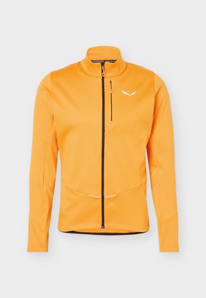 Bright orange long-sleeve jacket with high collar, black zipper, vertical chest pocket, and white logo on the left chest.