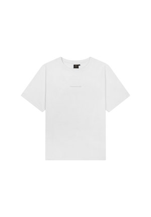 Schlichtes weißes T-Shirt mit kurzen Ärmeln, rundem Halsausschnitt und kleinem zentriertem Text mit der Aufschrift "TOMORROWLAND" auf der Vorderseite.