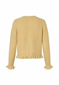 Sárga kötött pulóver hosszú ujjakkal. Ráncolt alsó szegéllyel és ujjak csuklóin. Puha anyagból készült, sima textúrával.