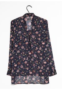 Long-sleeve navy blouse featuring a floral print in pink, white, and green. Made of lightweight fabric with a straight hem and buttoned cuffs.
