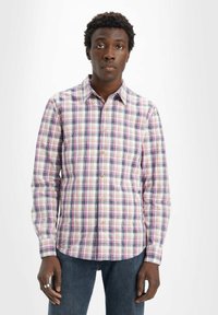 Camicia button-up con motivo a quadri multicolori. Realizzata in cotone con colletto a punta, presenta sfumature di rosa, viola e nero. Include una tasca frontale.