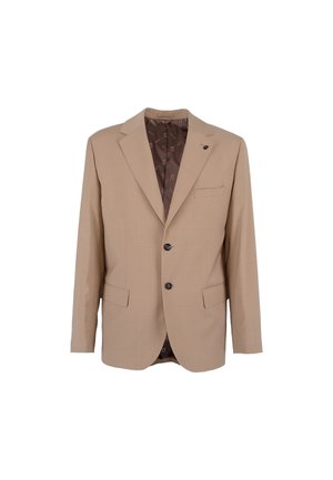 Giacca da abito beige con due tasche frontali e tre bottoni, con una fodera marrone a motivo. Texture liscia e design classico del rever.