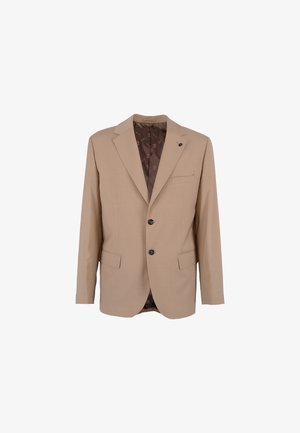 Giacca da abito beige con due tasche frontali e tre bottoni, con una fodera marrone a motivo. Texture liscia e design classico del rever.