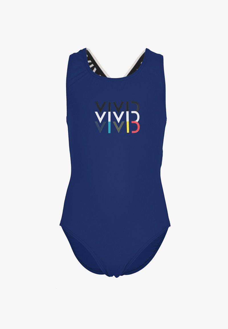Navy blue swimsuit with a scoop neck and a lined backside. Features a multicolored "VIVID" graphic on the front. Smooth texture.