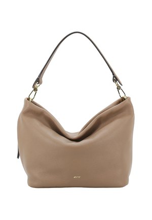 Soft brown leather handbag with a single handle and gold hardware, showing a slouchy shape and small logo on the front.