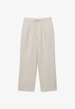 Világos bézs színű vászonnadrág elasztikus derékrésszel és húzózsinórral, egyenes szárú szabással, oldal zsebekkel.