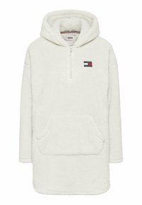 Bílá sherpa fleece mikina s půlzipem, klokaní kapsou a logem Tommy Jeans na hrudi.