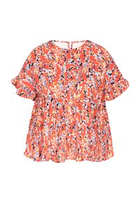 Blus med blommönster i rött, med korta volangärmar, rund halsringning och en lagerdesign med flerfärgade detaljer.