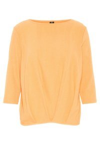 Locker sitzende orangefarbene Bluse mit dreiviertel Ärmeln, runder Ausschnitt und gerafftem Vorderteil, aus leichtem, strukturiertem Material gefertigt.