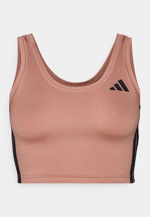 Um soutien de desporto em tecido suave na cor rosa claro, com decote em forma de U, riscas laterais pretas e subtis detalhes do logótipo. Corte ajustado com textura lisa.