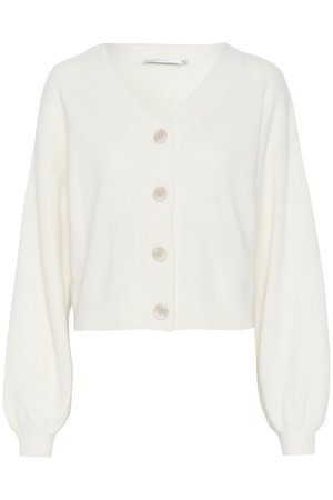 Bijela pletena kardiganica s V-izrezom, skraćenim dizajnom i prevelikim balon rukavima. Sadrži pet dugmadi sprijeda i rebraste manžete.