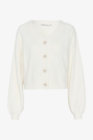Bijela pletena kardiganica s V-izrezom, skraćenim dizajnom i prevelikim balon rukavima. Sadrži pet dugmadi sprijeda i rebraste manžete.