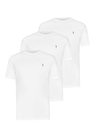 Three white short-sleeve t-shirts made of soft cotton. Each features a small gray logo on the left chest area. Simple classic design.