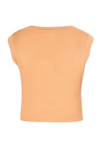 Kortærmet ribbet top i blødt ferskenfarvet stof med rund halsudskæring og tætsiddende silhuet, der har en glat tekstur og minimalistisk design.