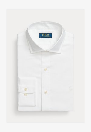 Weißes Button-up-Shirt mit klassischem Kragen, ausgestattet mit Perlmuttknöpfen, einer linken Brusttasche und einem kleinen bestickten Logo.