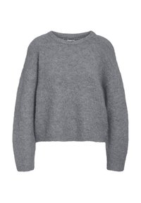 Grau gestrickter Pullover mit lockerer Passform, langen Ärmeln und Rundhalsausschnitt. Hergestellt aus weichem, strukturiertem Stoff, mit einem cropped Design.