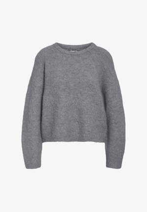 Maglione grigio lavorato a maglia con una vestibilità ampia, maniche lunghe e scollatura a girocollo. Realizzato in un morbido tessuto testurizzato, presenta un design crop.