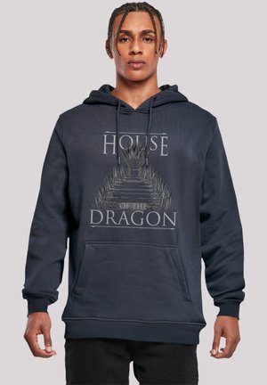 Navy blue hoodie made of a soft fabric, featuring a front pocket and graphic text "HOUSE OF THE DRAGON" with an intricate design above.