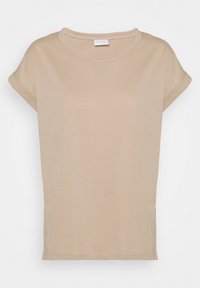 Beige kortärmad t-shirt i mjukt tyg, med rundad halsringning och rullade ärmar. Enkel design med avslappnad passform.