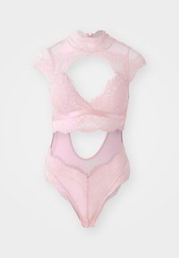 Ροζ σετ εσώρουχα με δαντελένιες λεπτομέρειες, ψηλό λαιμό, σχέδιο με κόψιμο και διαφάνειες, με μαλακή υφή και εφαρμοστή γραμμή.