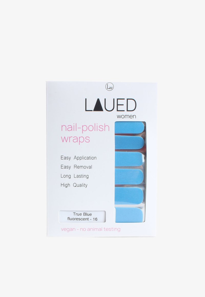 Wraps de vernis à ongles LAUED pour femmes en bleu fluorescé lumineux, présentant six bandes étiquetées application facile, retrait, longue tenue, haute qualité, véganes.