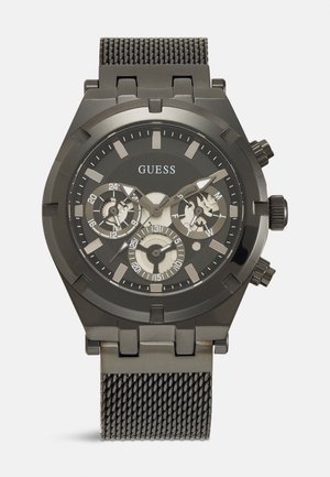 Herre sort stainless steel kronograf ur med en tekstureret mesh rem, rund skive, tre sub-dials og sølv detaljer på skiven.